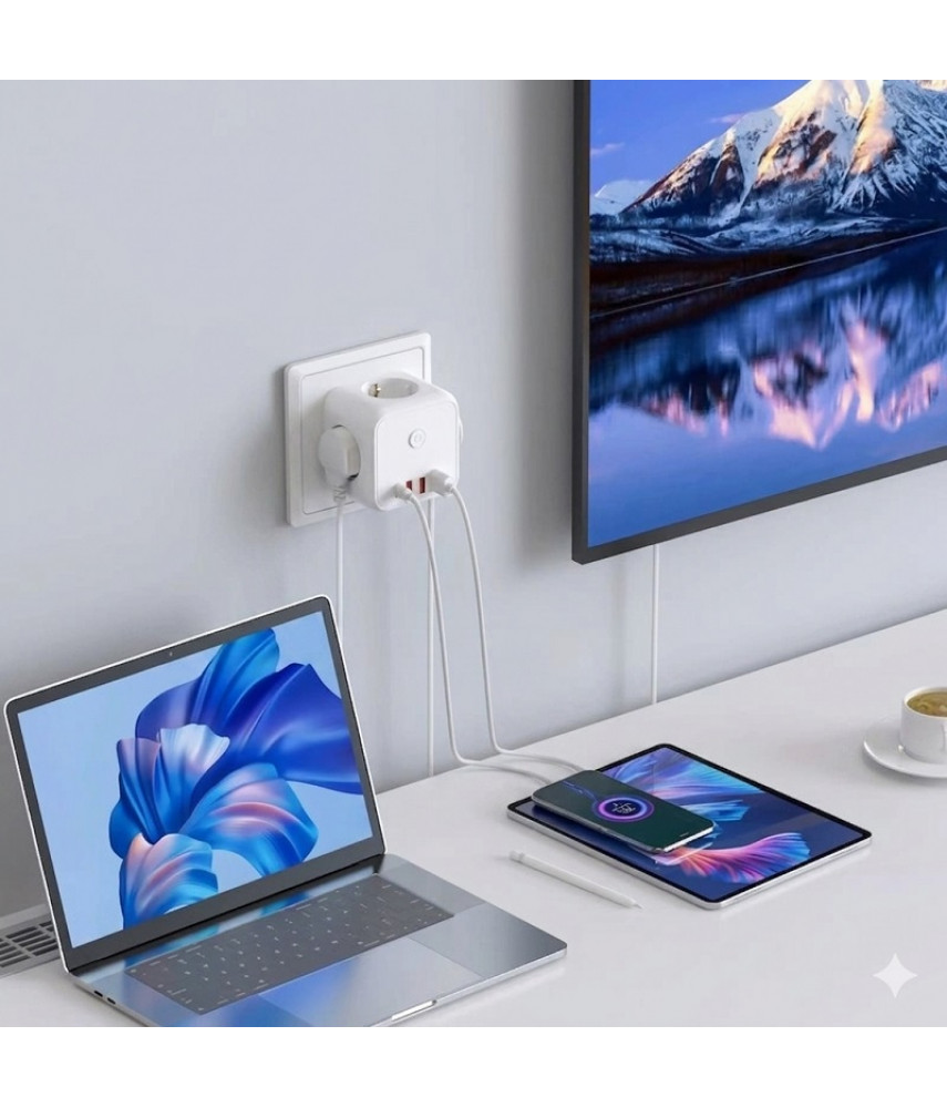 Сетевой разветвитель-тройник 7в1 с USB и Type-C