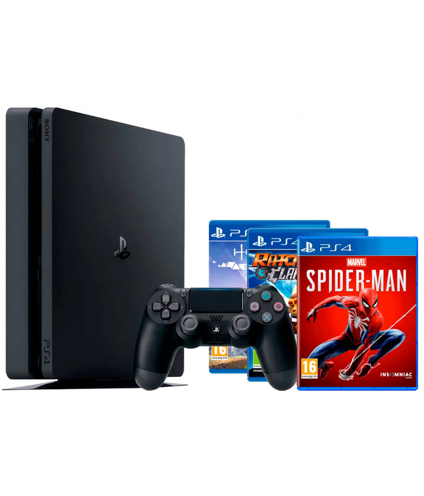 PlayStation 4 Slim 500Gb (цвет черный) (CUH-2216A) + Horizon + Человек-Паук + Ratchet & Clank