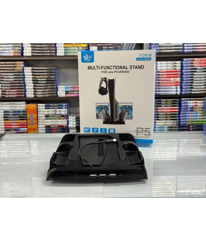 Подставка для PS5 Slim с вентилятором, зарядкой DualSense и держателем дисков (KJH-P5D-002) Подставка для PS5 Slim с вентилятором, зарядкой DualSense и держателем дисков (KJH-P5D-002)